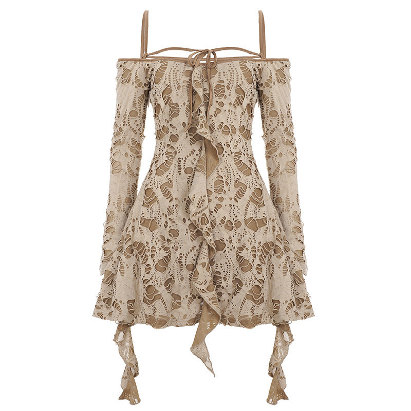 Retro Waste Soil Sexy Ripped Fabric Bell Sleeve off Shoulder Irregular Asymmetric Dress