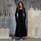 Autumn Winter Party Dress French Ladies Dress Korean Velvet Bell Sleeve Square Collar A line Dress Women