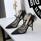 Sexy Hollow Out Cutout out Lace Mesh Bow Pointed Toe Stiletto Heel Advanced Women Shoes