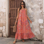 Ethnic Vacation Printed Halter Backless Loose Dress