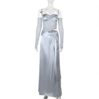 Winter Patchwork Maxi Dress Sexy Slim Tube Top Satin Dress