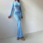 Women Clothing Autumn Solid Color Elegant Slim Slimming Pleated Turtleneck Long Sleeve Dress