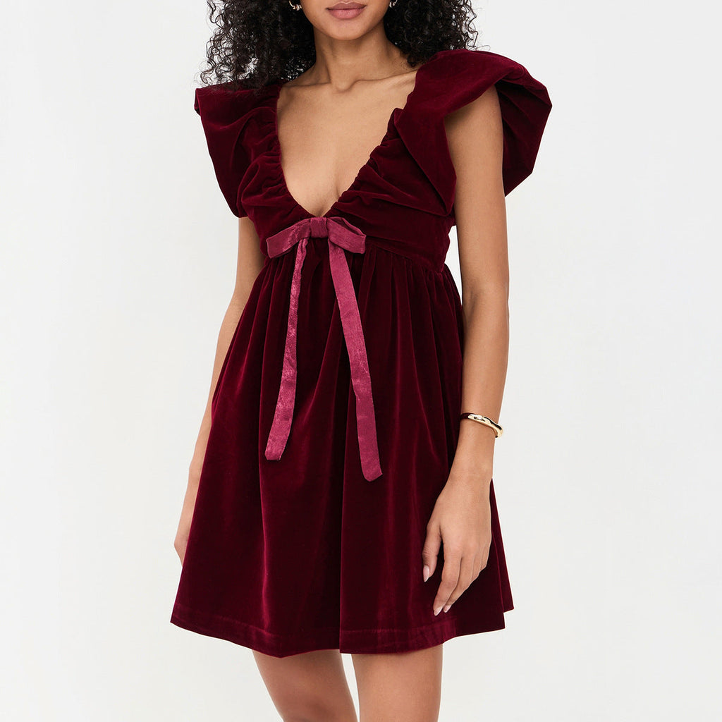 Autumn Winter V neck Bow Pleuche Party Women Dress