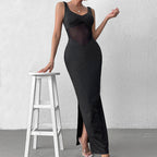 Milk Silk Stitching Mesh Cami Dress Sexy Split Backless Formal Dress Maxi Dress