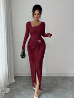 Autumn Winter Irregular Asymmetric Neckline Solid Color Knitted Texture Maxi Dress Women