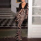 Summer Color Contrast Printed Sexy V neck Mesh Long Sleeve Dress