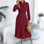 Women Clothing Spring Summer Elegant Lace up Lantern Sleeve Long Pleated Dress