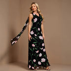 Women Summer Printed Sleeveless Large V Back U Neck A line Flared Sundress Ribbon Evening Dress