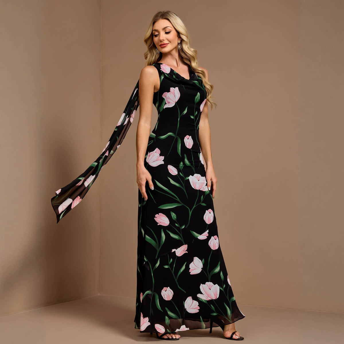 Women Summer Printed Sleeveless Large V Back U Neck A line Flared Sundress Ribbon Evening Dress