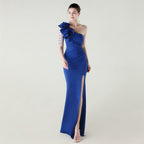 Single Shoulder Craft Beaded Nail Hair Wave Floral Satin High Slit Sexy Evening Dress Evening Cocktail Wedding