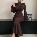 Sexy Minimalist Dress Slim Fit Wild Bell Sleeve Half Turtleneck Sheath Dress