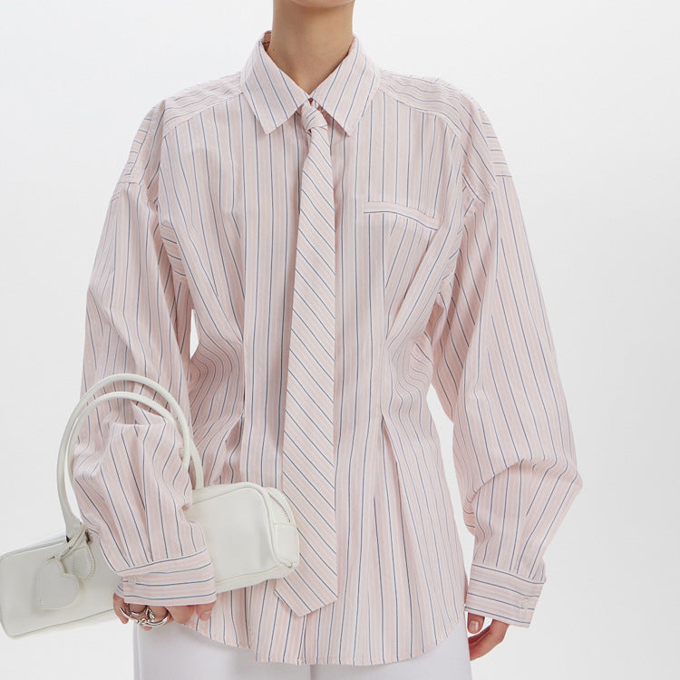 Office Printed Striped Shirt Women Polo Collar Long Sleeve Tie Cinched Blouse