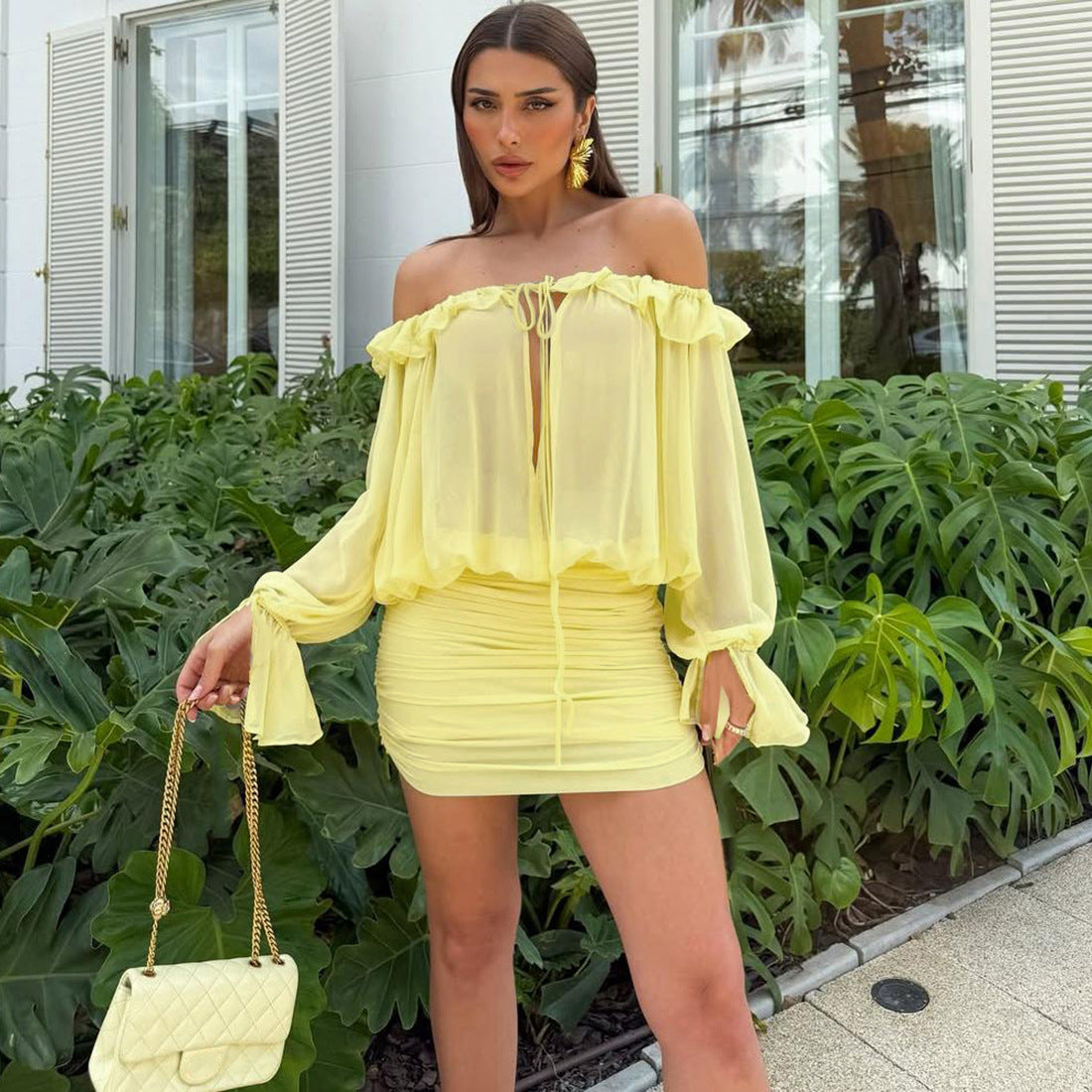 Fall Women Clothing Sexy off the Shoulder Hollow Out Cutout out Tied Solid Color Slim Hip Bag Dress