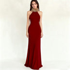 Retro Christmas Red Fur Stitching Contrast Color Vest Maxi Dress Elegant Slim Mop Evening Dress Annual Party Dress