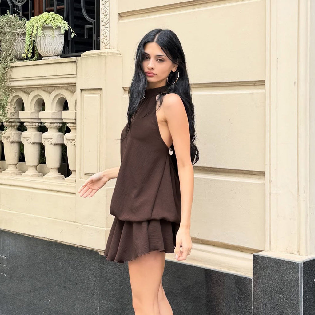 Retro Solid Color Elegant Stitching Pleated Backless Lace up Sexy Halter Dress