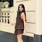 Retro Solid Color Elegant Stitching Pleated Backless Lace up Sexy Halter Dress