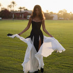 Suspender Contrast Color Split Dress Sexy Waist Trimming Vacation Evening Maxi Dress