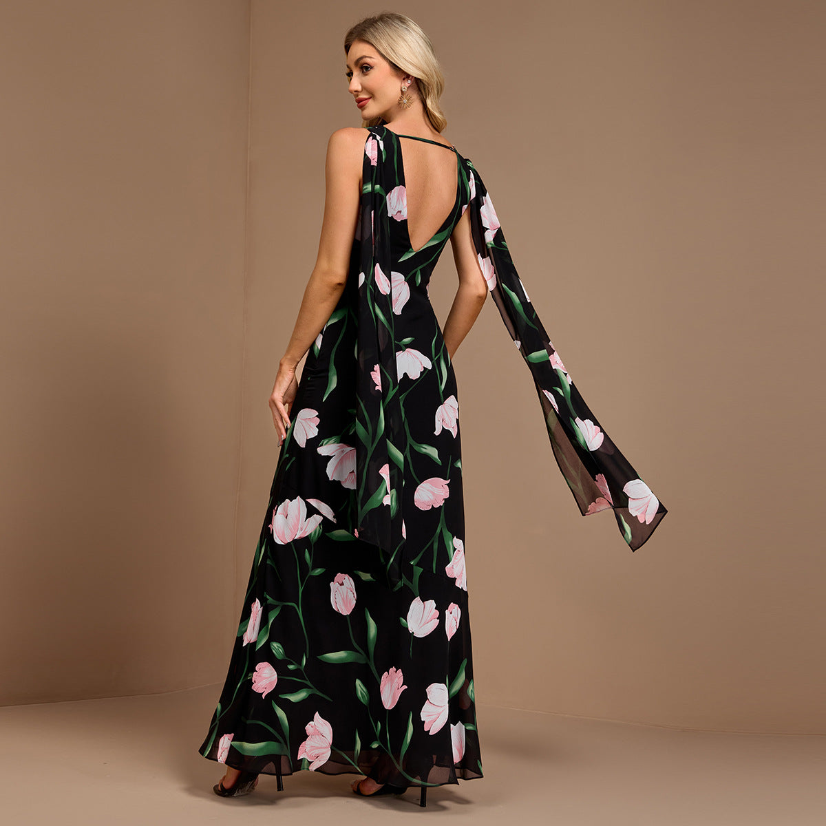 Women Summer Printed Sleeveless Large V Back U Neck A line Flared Sundress Ribbon Evening Dress