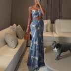 Spring Summer Halterneck Printed Pleated Dress Casual Loose Vacation Dress