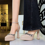 Sexy Rhinestones Buckle Double Layer Waterproof Platform Ultra High Heel Patent Leather Hollowed Sandals Women