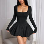 Women Clothing Autumn Winter Long Sleeve Vest Type Slim Fit Sexy Bud Hem Ruffled Dress