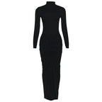 Women Clothing Autumn Solid Color Elegant Slim Slimming Pleated Turtleneck Long Sleeve Dress