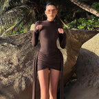 Knitted Half High Collar Long Sleeves Ribbon Sheath Dress for Women Autumn Black Knitted Dress
