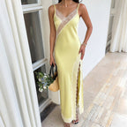 Gentle Sexy Solid Color Satin Lace Strap Dress