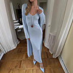 Knitted Hollow Out Cutout Vest Long Dresses Long Sleeve Cardigan Suit Women Soft Knitted Blouse
