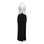 Spring Women Clothing Sexy Contrast Color Slim Fit V neck Halter Tight Waist Sheath Dress