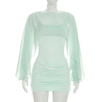 Women Clothing Summer Solid Color Casual Long Sleeves Shawl Straps Tulle Mini Short Dress