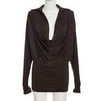 Women Clothing Autumn Winter Solid Color Casual Swing Collar Long Sleeve Slim Mini Pleated Short Dress