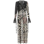 Summer Color Contrast Printed Sexy V neck Mesh Long Sleeve Dress