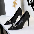 French Beautiful Rhinestone Ribbon Bow Super High Heel Slip on Satin Stiletto Heel Pumps Women