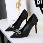 French Beautiful Rhinestone Ribbon Bow Super High Heel Slip on Satin Stiletto Heel Pumps Women