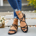 Thin Band Elastic Band Flat Sandals Women Solid Color Open Toe Lightweight Beach Slippers