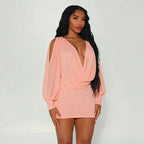 Women Clothing Summer Solid Color Casual Long Sleeves Draped Collar Backless Slim Fit Lace up Short Dress