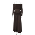 French Women Autumn off Neck Cinched Pleated Long Sleeve Dress