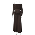 French Women Autumn off Neck Cinched Pleated Long Sleeve Dress