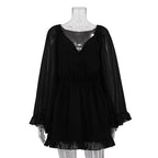 Mesh See through Long Sleeve Square Neck Lace up Black Dress Spring Summer Dress Fitted Waist Pleated A line Dress