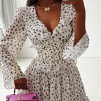 Women Digital Printing Elegant Dress V neck Long Sleeve Ruffled High Waist Lace up A line Dress