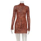 Sexy Women Clothing Turtleneck Long Sleeve Slim Fit Sexy Mesh Leopard Print Sexy Hip Dress Women