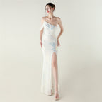 Sequin Mesh Craft Beaded Evening Dress off the Shoulder High Slit Fishtail Dress Swing Cocktail Social Socialite