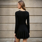 Women V neck Lace Dress Long Sleeve Waist Tight Slimming Flounce A line Dress