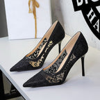 Hollow Out Cutout Super High Heel Women Shoes Pointed Toe Shallow Mouth Cocktail High Heels Floral Stiletto Heel Lace Shoes Women