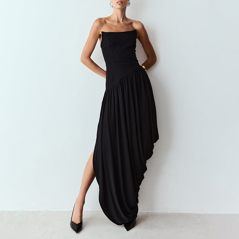 Elegant Sexy Pleating Dress Women Sleeveless Tube Top Design Irregular Asymmetric Dress Solid Color Dress