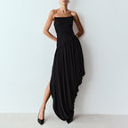 Elegant Sexy Pleating Dress Women Sleeveless Tube Top Design Irregular Asymmetric Dress Solid Color Dress