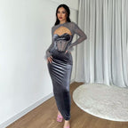 Fall Women Clothing Plush Mesh Stitching Night Club Hollow Out Cutout Dress Slim Fit Dress
