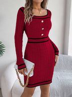 Autumn Winter Elegant Square Collar Button Long Sleeve Sweater Hip Dress Women Clothing
