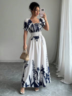 Summer Bubble Sleeve High Waist Tight Waist Women Printed Wear Large Swing Sling Dress